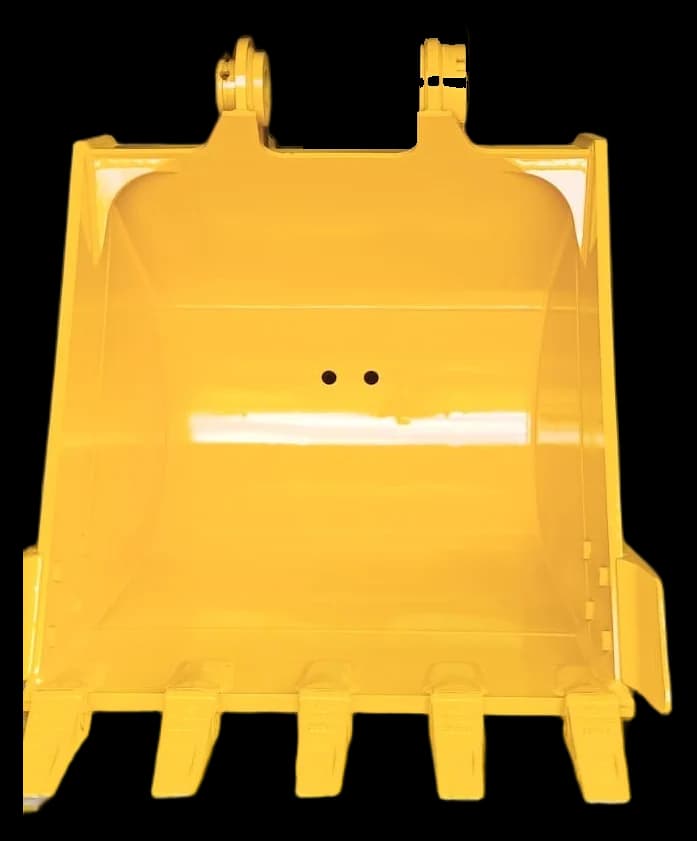 Yellow general purpose excavator bucket with five teeth, seen from the front