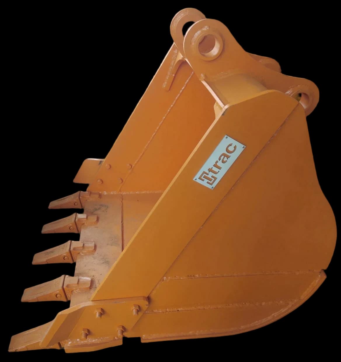Finished orange excavator bucket with five teeth
