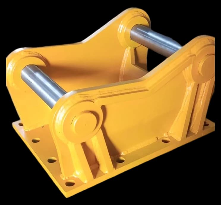 Yellow top bracket for mounting a hydraulic breaker, with two pins